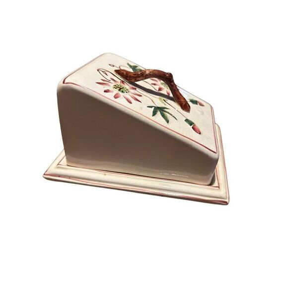 Vintage Glazed Pottery Lidded Cheese Server Cream Floral Pattern Large Keeper - Picture 5 of 15